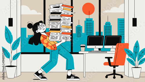 Overworked Female Employee with Heavy Paperwork Pile, Busy Corporate Workplace Scene with City Skyline View.eps