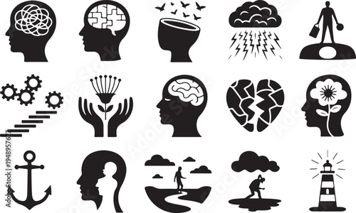 Collection of symbolic icons representing various states of mind and ideas