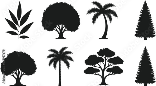 Collection of eight tree and plant silhouettes including palm, coniferous, deciduous, and stylized foliage forms arranged in rows for botanical diversity, landscape design, and educational
