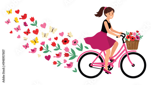 Woman riding bicycle with flowers butterflies and birds flying behind