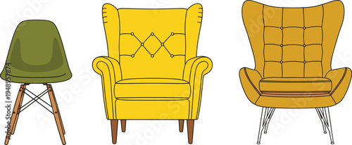 Modern furniture set yellow armchair green side chair collection mid century home decor interior design cad drawing flat vector illustration isolated on white.