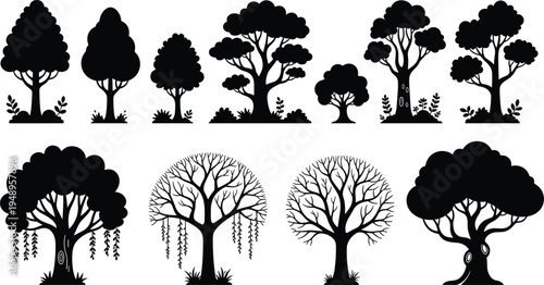 Collection of ten diverse tree silhouettes with rounded canopies, sparse branches, hanging vines, and leafless forms arranged in rows for botanical studies, landscape design, and educational 