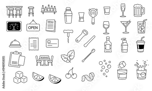 Vector line icons with bar tools, drink glasses, ingredients and restaurant service elements for pub and cocktail bar design.