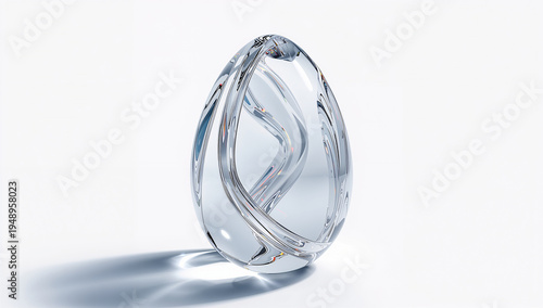 A conceptual avant-garde Easter egg made of melting transparent glass. Features organic fluid shapes and rainbow holographic glares in bright spring sunlight.