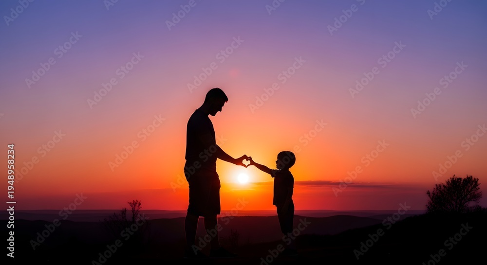 Fototapeta premium Father and Son Silhouette Making Heart Shape at Sunset