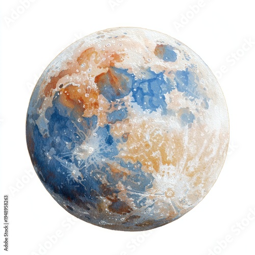 Abstract sphere with blue, orange, and white mottled patterns, isolated on white