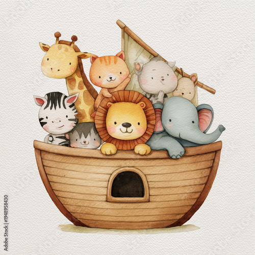 A charming watercolor illustration of Noah's Ark filled with a variety of cute cartoon animals.