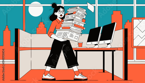 Stressed Businesswoman Carrying a Large Stack of Documents in a Modern Office Cubicle Vector Illustration.eps