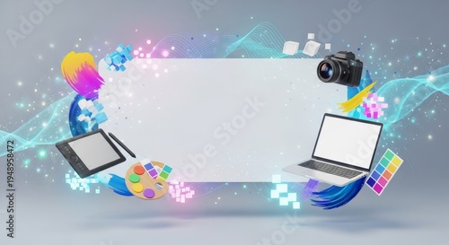 Digital Art and Design Tools Featuring Camera Laptop Tablet and Paint Palette with Abstract Lights