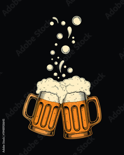 Two frothy beer mugs clinking together celebrating friendship toast vector illustration