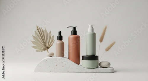 Elegant skincare products arranged with natural elements in a studio setting