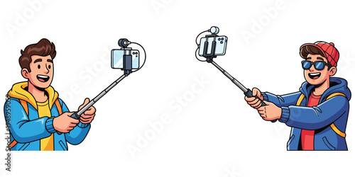 Two happy young men taking selfies with selfie sticks and smartphones on white background