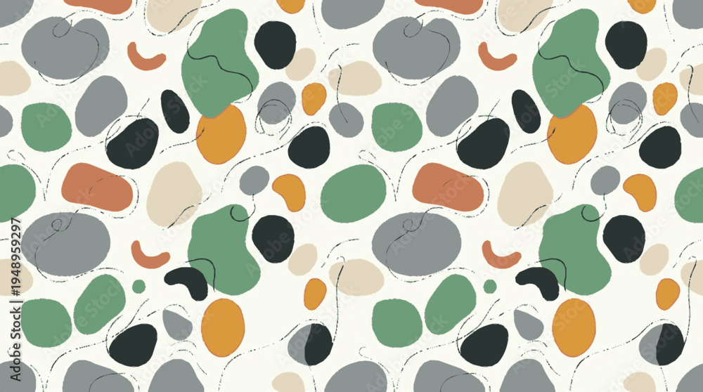 Fototapeta premium Vibrant organic shapes in green orange gray and black on white background abstract pattern