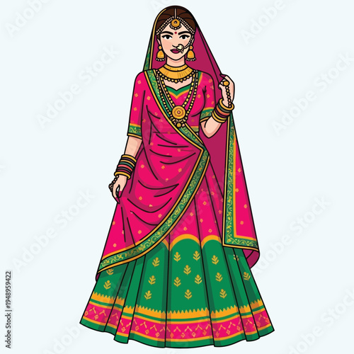 Elegant Indian woman in pink and green lehenga, adorned with gold jewelry and bangles