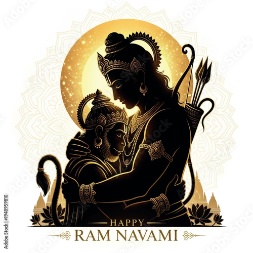 Golden silhouette of Lord Rama embracing Hanuman Ram Navami spiritual illustration