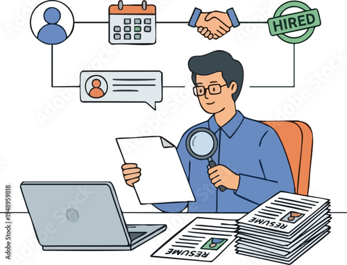 Recruiter reviewing resumes for hiring process illustration