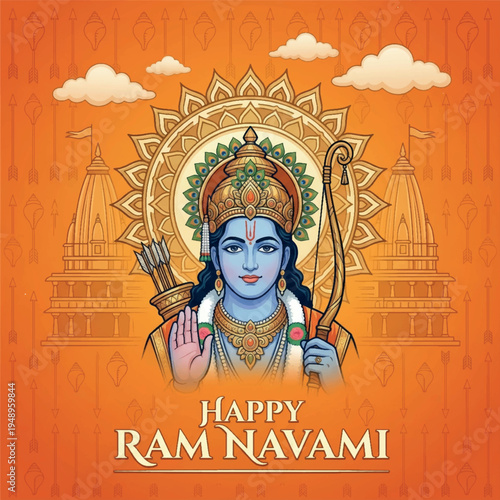 Lord Rama portrait with temple background Ram Navami Hindu devotional illustration