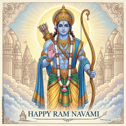 Lord Rama standing with bow divine blessing Ram Navami religious illustration