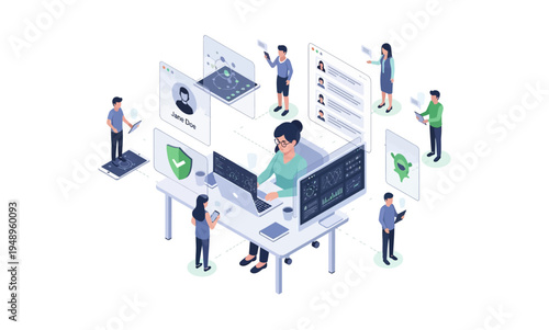Isometric illustration of a female programmer coding with multiple screens and supporting team members.
