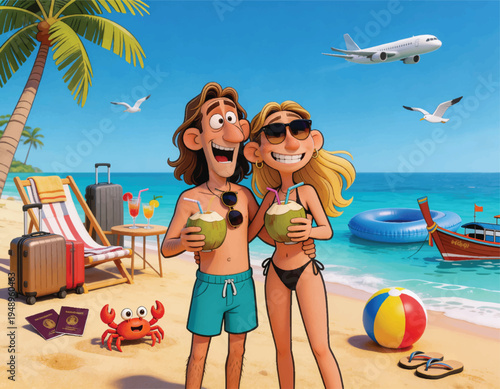 cartoon illustration capturing a cheerful tropical beach scene