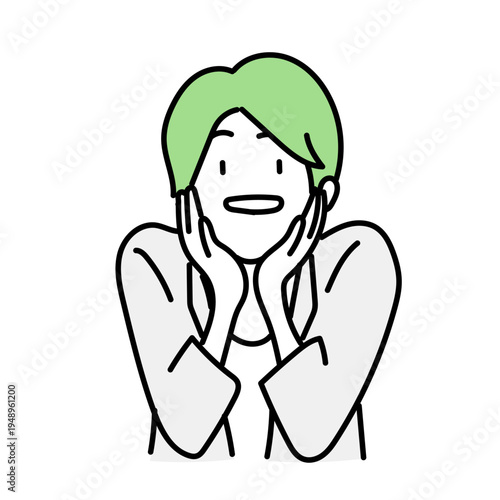 両頬に手を添えて目を見開き驚き喜ぶ若い女性の姿｜期待に胸を膨らませて明るい表情を浮かべる女性の人物イラスト