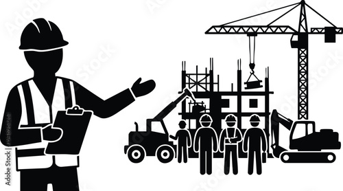 Construction Site Supervisor and Workers Silhouette Vector Illustration