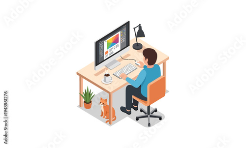 Isometric illustration of a graphic designer working on a computer at a desk.