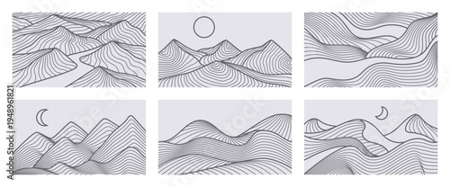 Line mountain landscape. Linear mountains peaks and hills, outline wavy pattern and river, sun and moon. Abstract Japanese wallpaper art. Contour drawing vector backgrounds