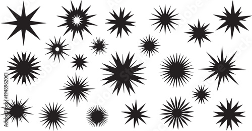 Black starburst shapes on white background graphic design elements