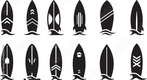 Collection of surfboard designs and graphics in black and white