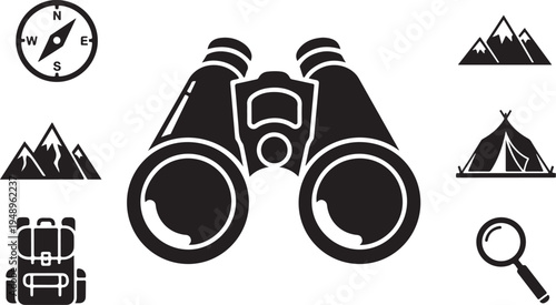 Adventure and exploration icons in black and white color