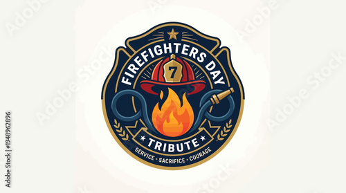Firefighters Day Tribute Emblem Features Flames and Fire Truck Helmet