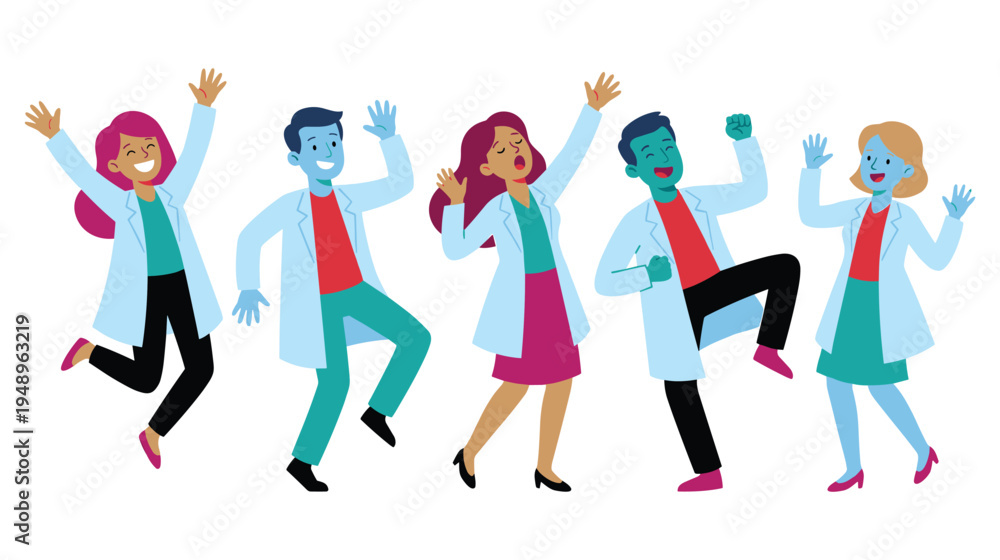 Fototapeta premium Excited diverse group of scientists celebrating success in lab coats