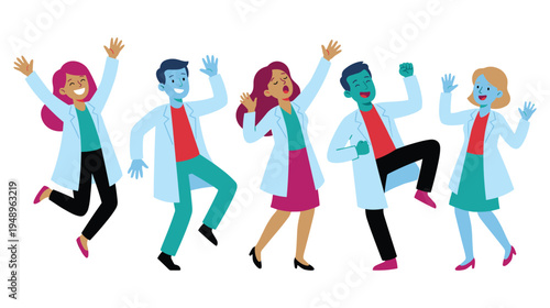 Excited diverse group of scientists celebrating success in lab coats