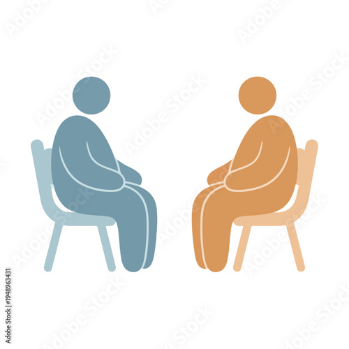 Two simple, stylized figures, one blue and one orange, sit on chairs facing each other, representing dialogue, therapy, or a meeting.