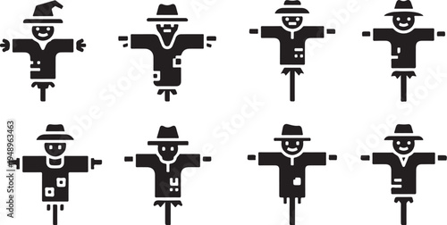 Scarecrows in various poses on a white background illustration
