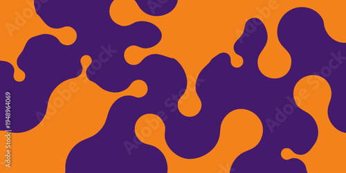 Vibrant purple shapes dance across a bright orange background in an abstract art piece.
