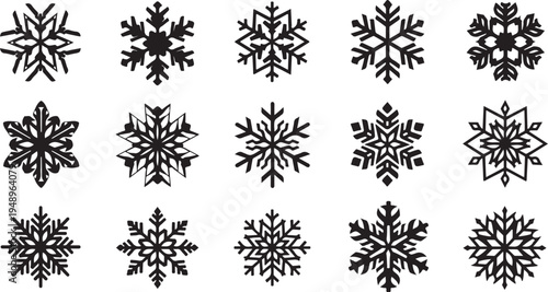 Collection of unique black snowflakes on white background illustration