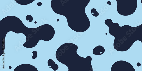 The illustration showcases various dark blue liquid blobs floating on a light blue background with white highlights.