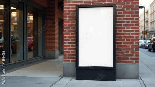 blank black vertical pylon stand mockup near brick building side view city signage template