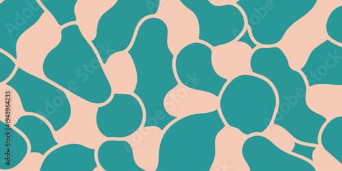 A vibrant abstract composition features various teal shapes on a peach background