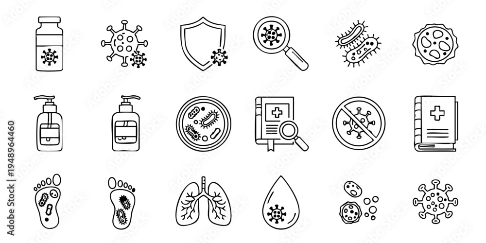 Fototapeta premium Various medical icons depict virus protection measures and symptoms.