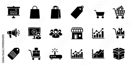 E-commerce icons depict online shopping elements like bags, carts, and graphs on a screen.