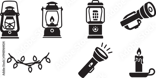 Black and white icons of lanterns and light sources