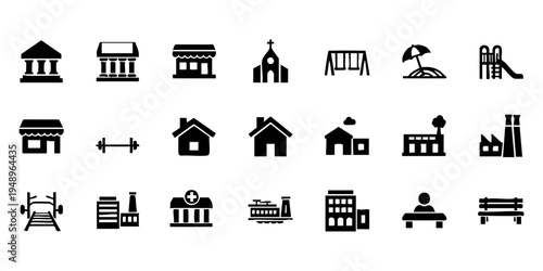 The illustration depicts various buildings and structures in an urban landscape with industrial and architectural elements.