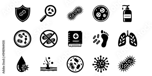 Medical icons illustrate various health and hygiene concepts in a laboratory setting with germs and safety measures.