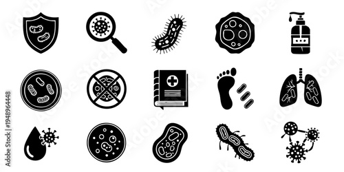 Medical icons depict various health and hygiene symbols in a single visual collection.