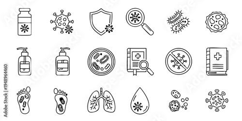 Various medical icons depict virus protection measures and symptoms.