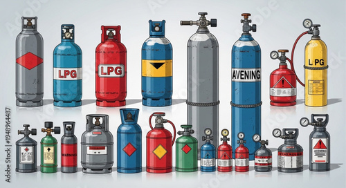 Various gas cylinders and tanks for industrial and medical use.