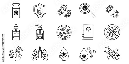 Medical icons illustrate hygiene, health protection and virus prevention methods.
